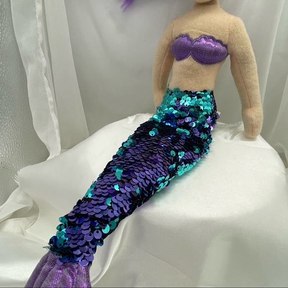 Aurora Mermaid Soft Stuffed with Sequined Tail Embroidered Eyes Lavender Hair - Picture 3 of 5